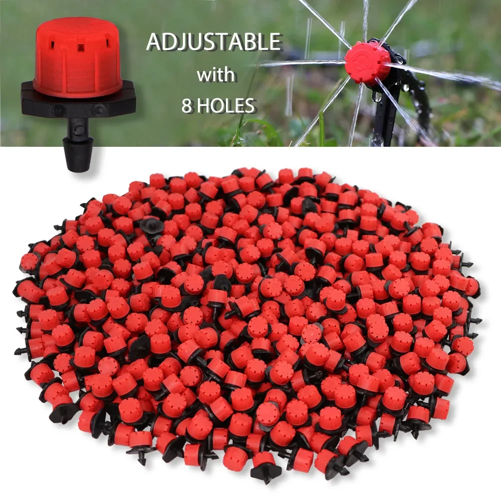 

50-500PCS 1/4'' Barb Red Adjustable Nozzles Garden Watering Irrigation Sprinkler Washable Emitter 0-80L/H for Yard Greenhouse