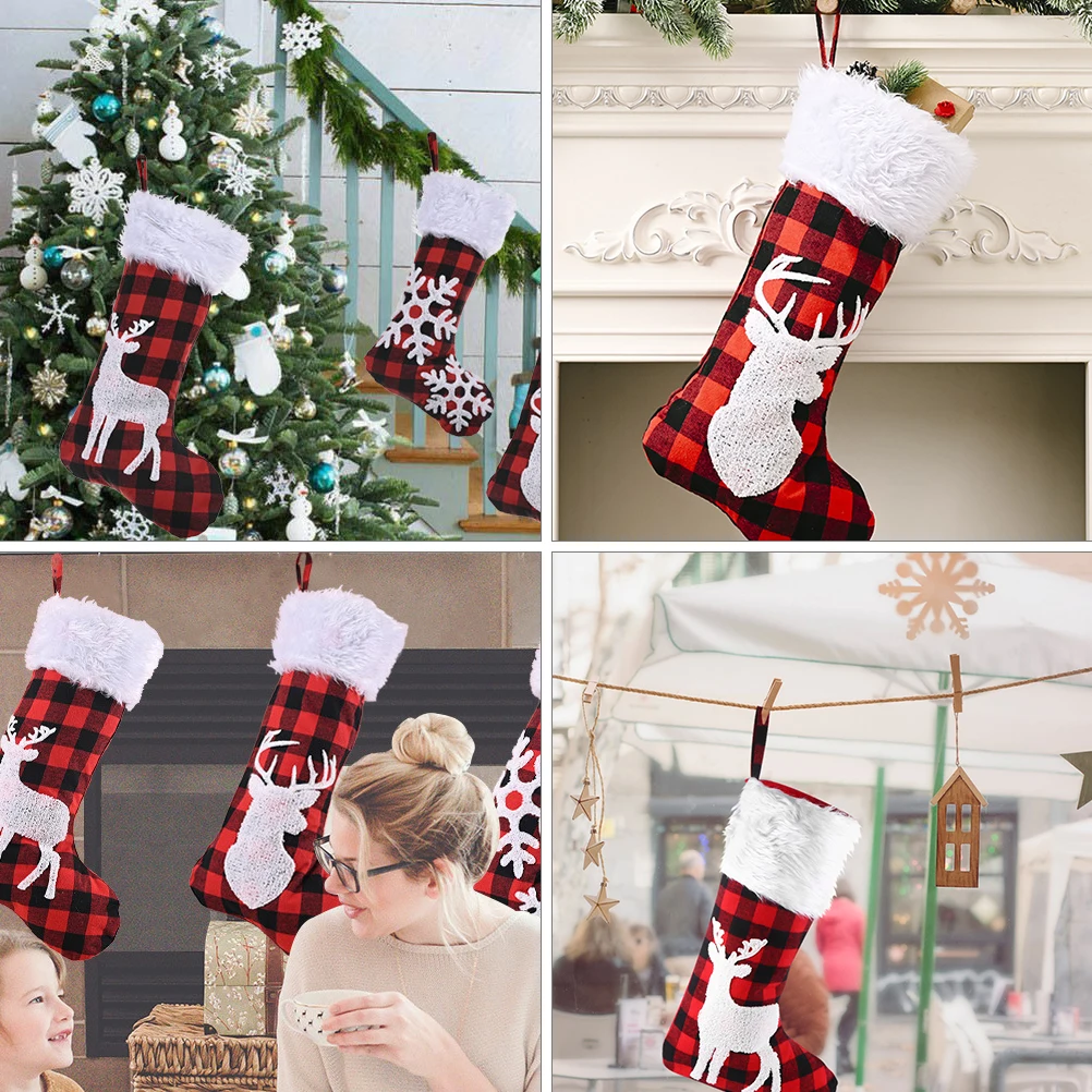 

2pcs Christmas Stocking Gift Pouch Large Capacity Reindeer Pattern Socks Hanging Decor For Holiday Party Ornament Xmas Candy