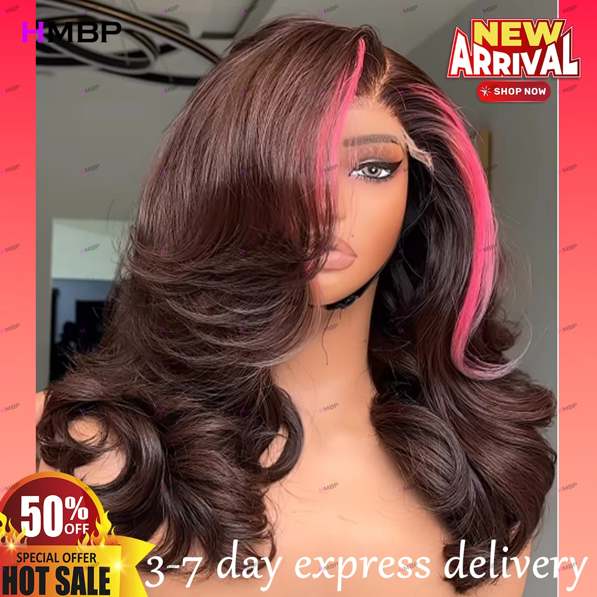 Highlight Pink Black Glueless Lace Wig Human Hair Ready To Wear Body Wave Wig 13×4 HD Lace Front Wig Pre Plucked Brazilian Hair