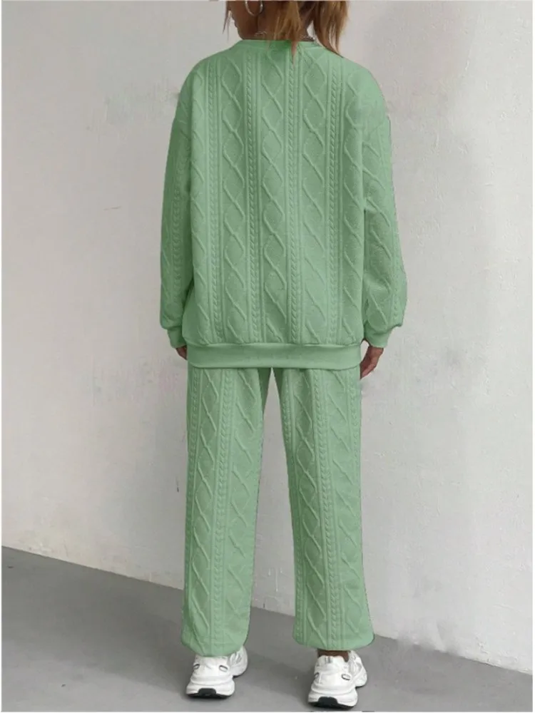 

Women's Casual Sets Fashionable Jacquard Long Sleeved Round Neck Sweatshirt Long Pants Set 2025 Autumn Winter Woman's Clothing