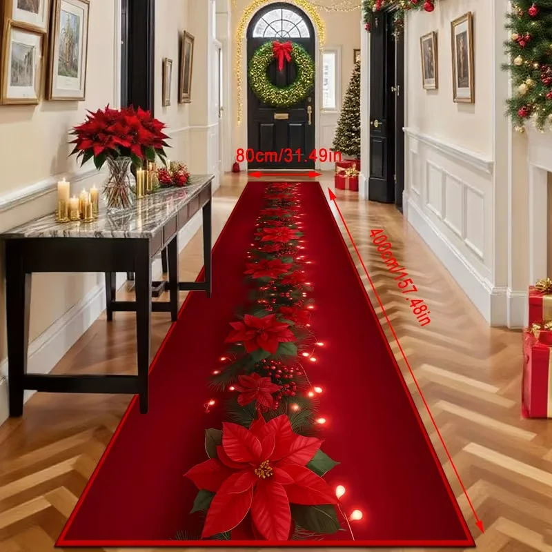 VIKAMA Christmas Long Runner Rug Non‑Slip Hallway Floor Mat Poinsettia Pattern For Corridor Xmas Home Decor