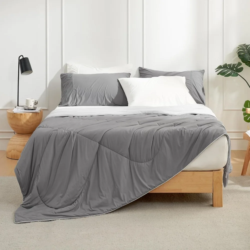 -Sided Cooling Comforter King Size, Washable Lightweight Cooling Blanket Q-Max 0.4 Breathable Silk Smooth Dark Grey&Light Grey