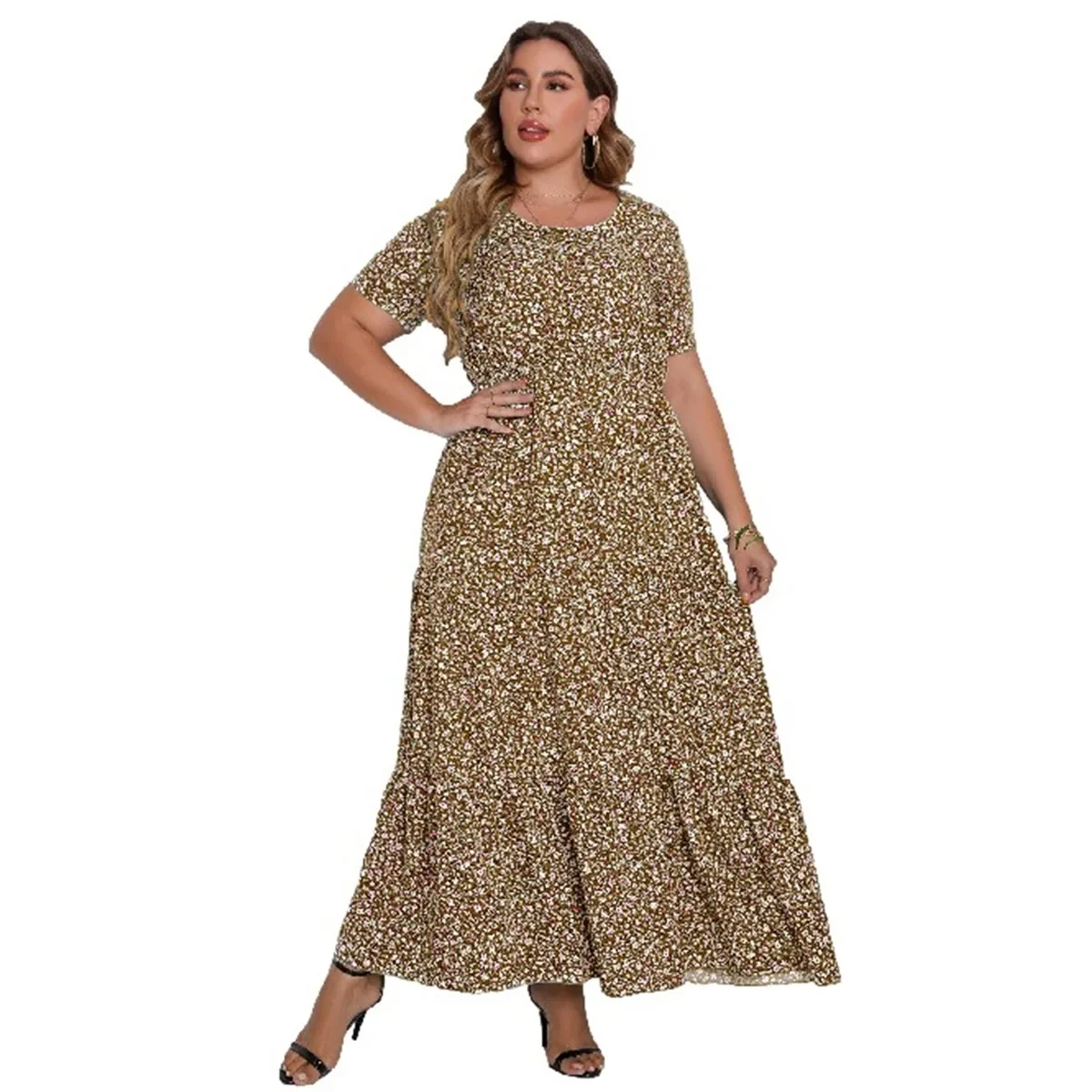 Plus Size Women\'s Summer New Short Sleeve Round Neck Dress Long Dress Beach Style Print Fashion Plus Size Dress 4XL 5XL Vestito