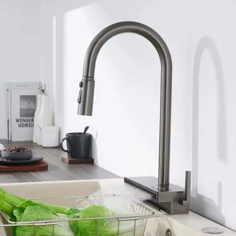 LED Digital Faucet Kitchen Pull Out Down Hot Cold Mixer Tap Deck Mount Flying Rain Waterfall Universal Brass Rotation Faucets