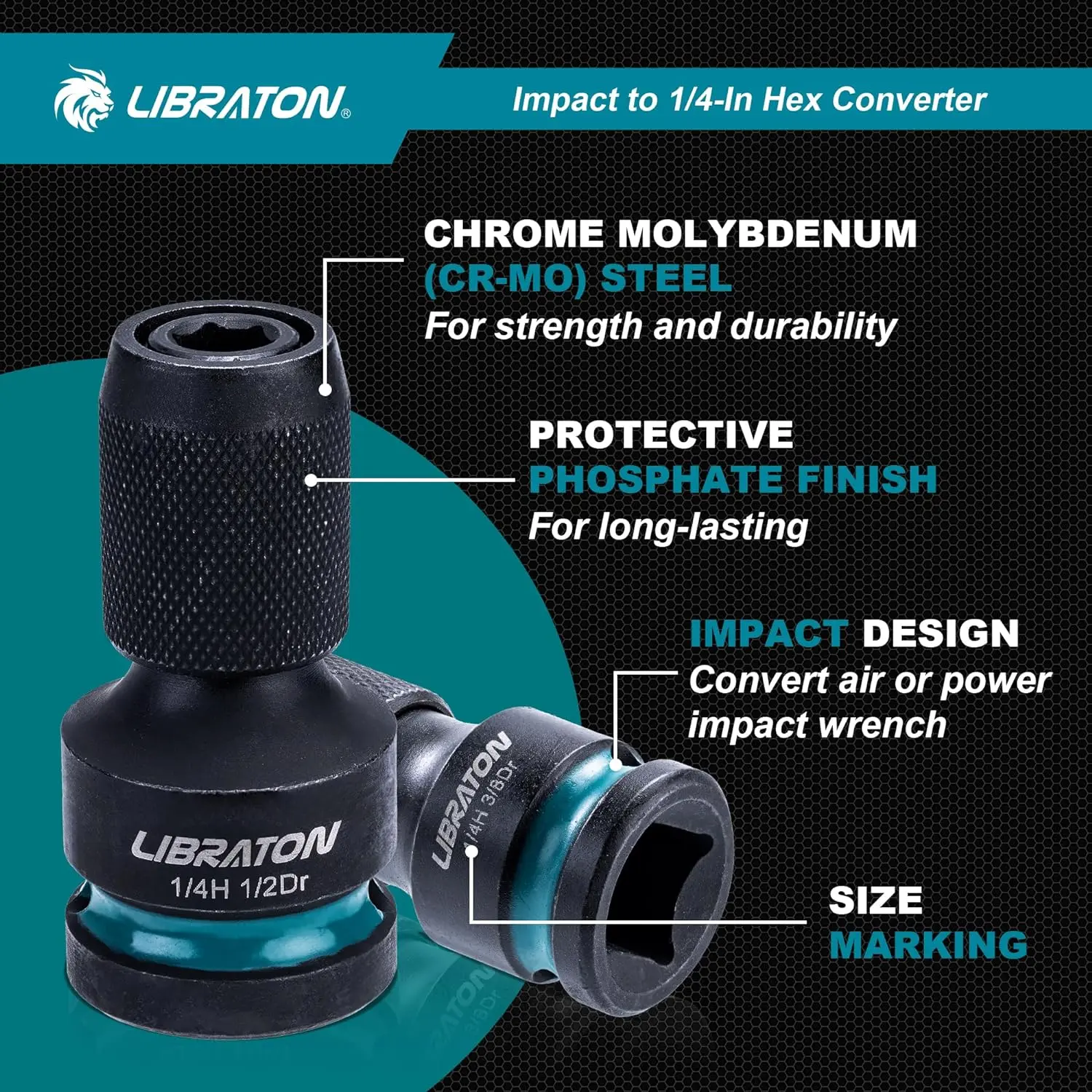 LIBRATON-convertidor hexagonal de impacto a 1/4, adaptador hembra de accionamiento a 1/2 pulgadas, adaptadores de llave de impacto para Portabrocas