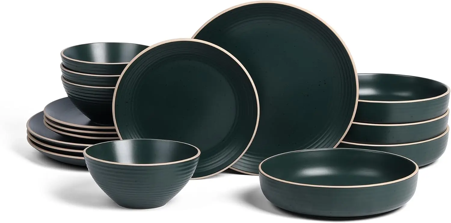 

Lauren Modern Stoneware Набор круглых столовых приборов из 16 предметов, тарелок и мисок, набор посуды на 4 человека, темно-зеленый
