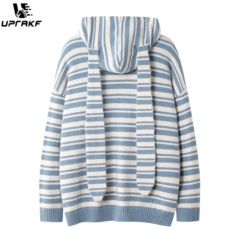 UPRAKF Double Zipper Striped Sweater Autumn Loose All-Match Winter Tops Warm Fashion Streetwear Trendy