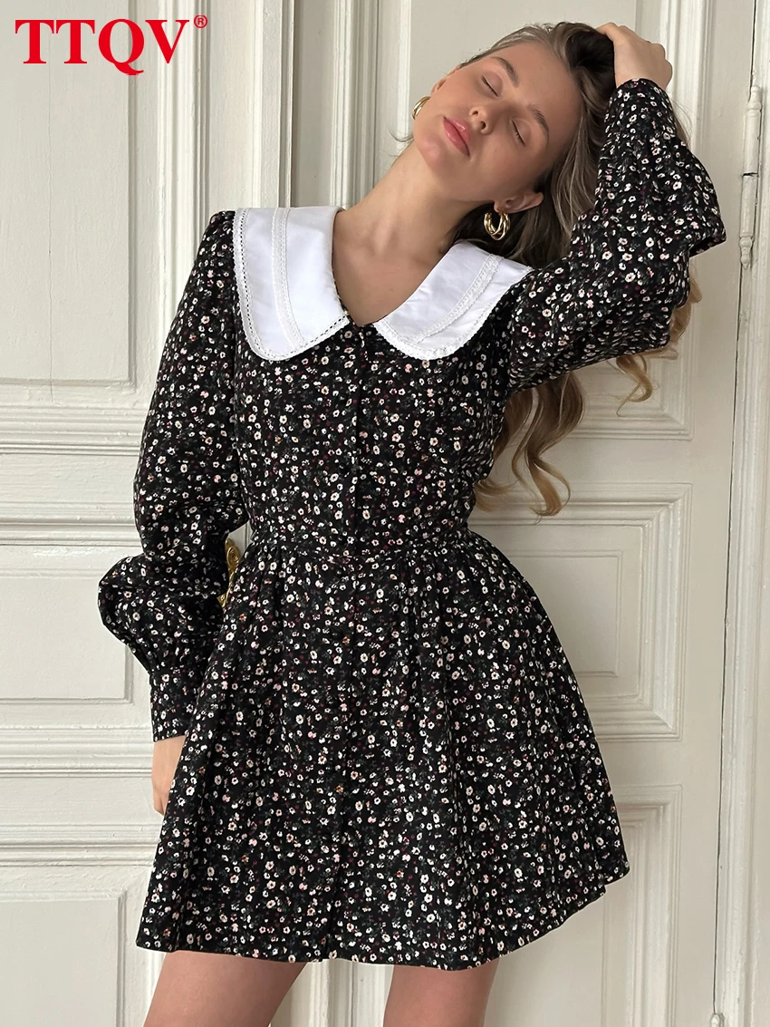 

TTQV Fashion Loose Print Women's Dress 2026 Autumn Lapel Long Sleeve Mini Dresses Lady Elegant Classic Patchwork Female Dress