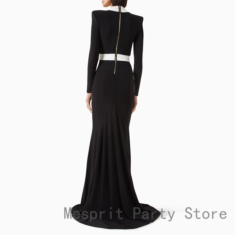 Mermaid Black Prom Dress V Neck Evening Dress Long Sleeves Formal Party Dress Floor Length Saudi Gown With Sweep Train