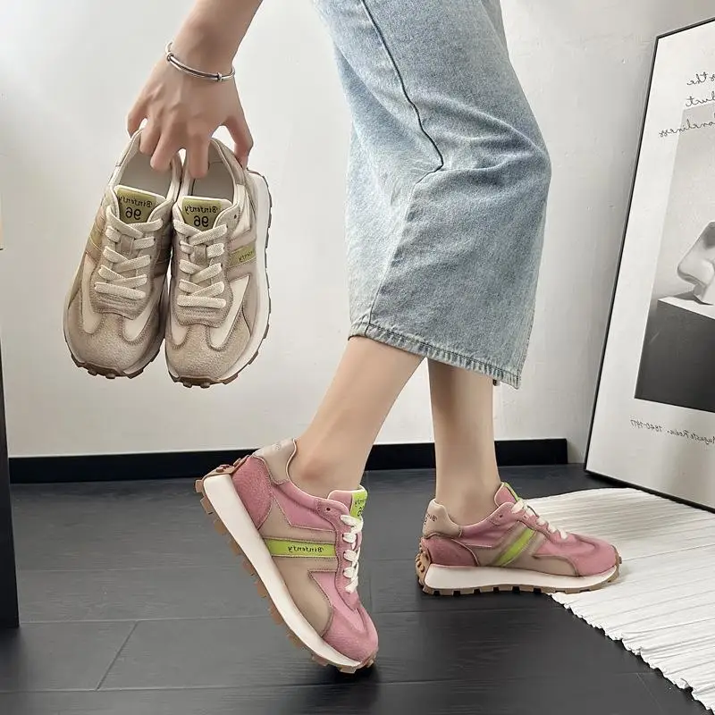 

Retro Genuine Leather Color Block Fashionable Thick Bottomed Agan Shoes Korean Style Knot Tied Slip-On PU Leather Women's Flats