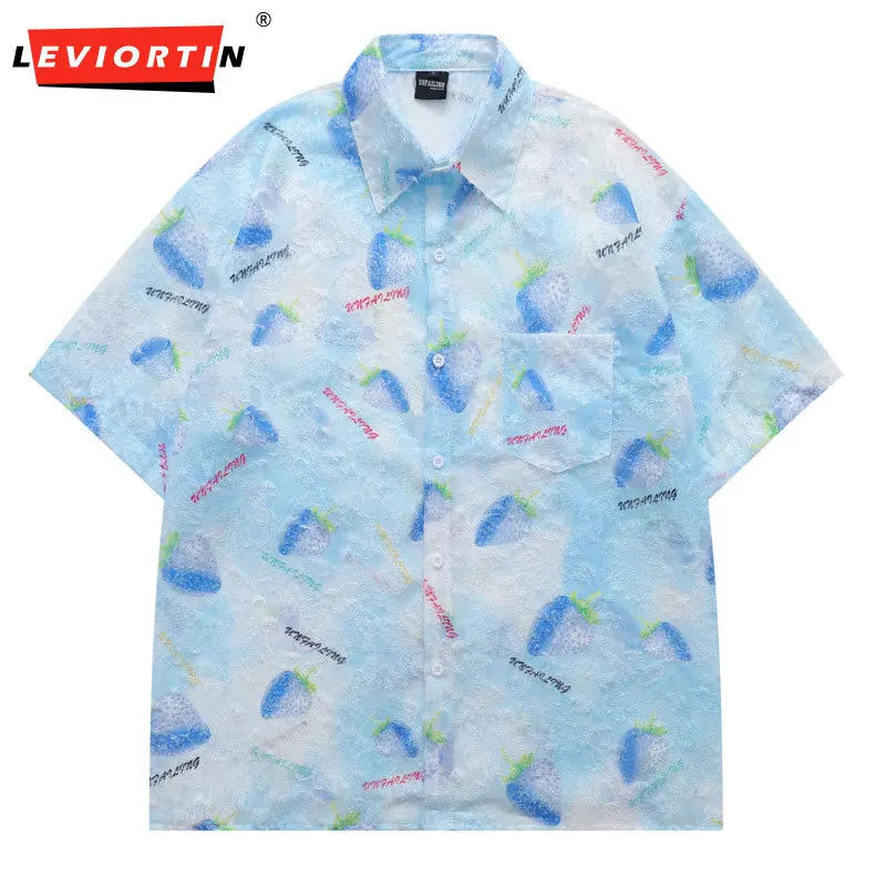 

Лето 2025 года, новая американская ретро-жеккардовая рубашка с клубничным дизайном, свободная и простая, универсальная рубашка с короткими рукавами для мужчин