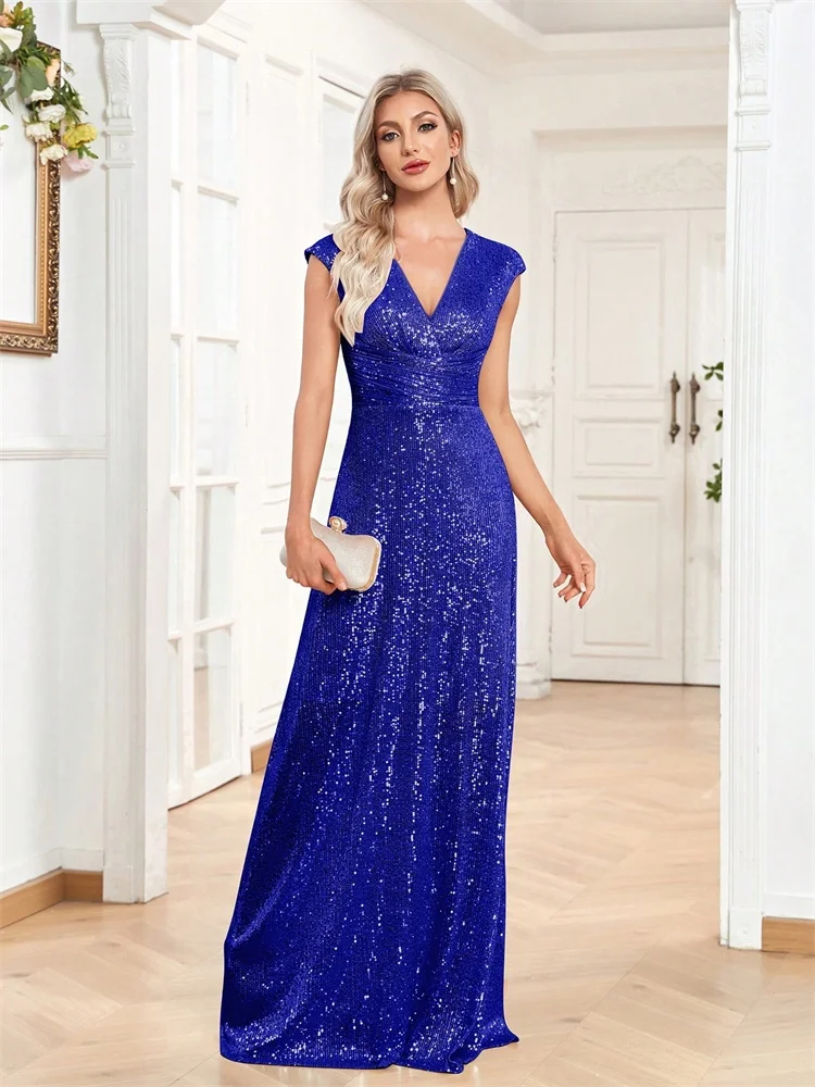 Vestido de noche elegante de sirena con cuello en V para mujer, largo hasta el suelo, Formal, azul, para fiesta de graduación, lentejuelas, sin mangas