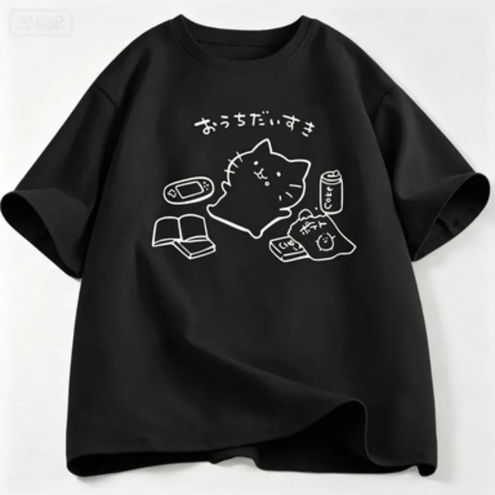 Japanese Style No Plan Cat Print T-shirt for Men Women Funny Cotton Short Sleeve Summer Loose Tshirt Kawaii Kitty Cat Lover Tees