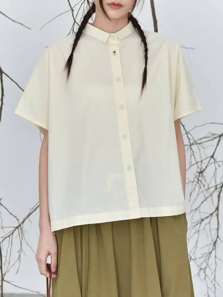 Flower Women Apricot Button Back Irregular Big Size Bluse New Lapel Short Sleeve Shirt Fashion Spring Summer 2026 6VMH