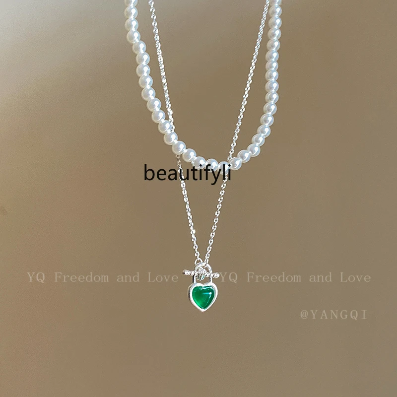 Green Agate Heart OT Buckle Necklace Light Luxury Stringed Pearls Clavicle Chain Double Layer Twin Necklace Accessories