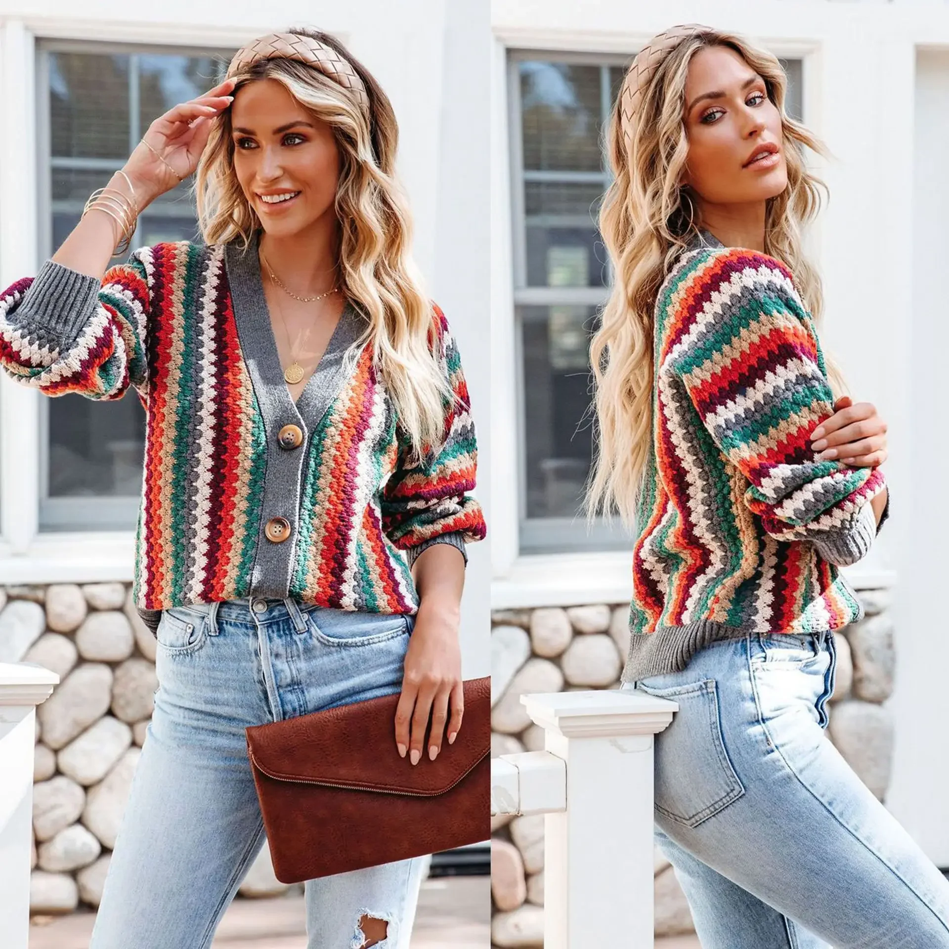 

Vintage Colorful Striped Knitted Cardigan Women Sweater Long Sleeve Tops Streetwear Coats Harajuku Autumn Jackets Women Clothing