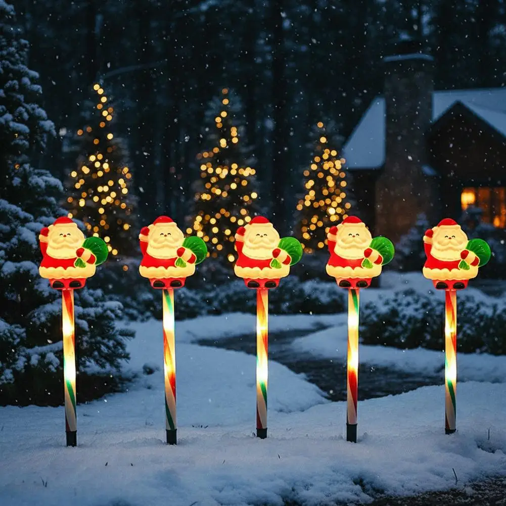 5PC 1Set Solar Powered Christmas Theme Snowman Cane Gift Box Combination with Ground Plug Light String Outdoor Holiday Decor