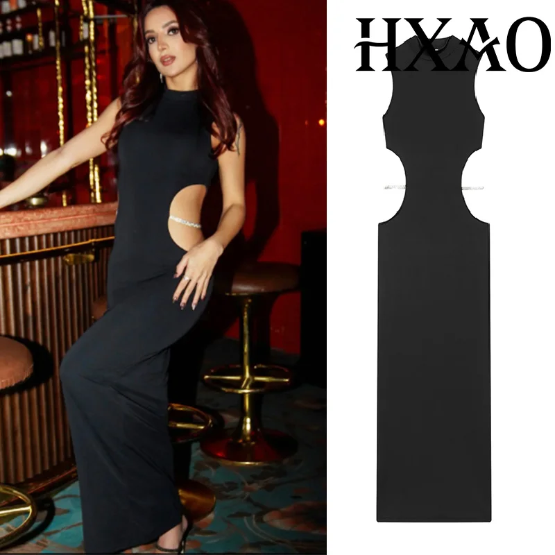 Hxao vestidos longos recortados para mulheres, sem mangas, preto, vestidos de festa, bodycon, sexy, vestido de noite, strass, vestidos femininos elegantes