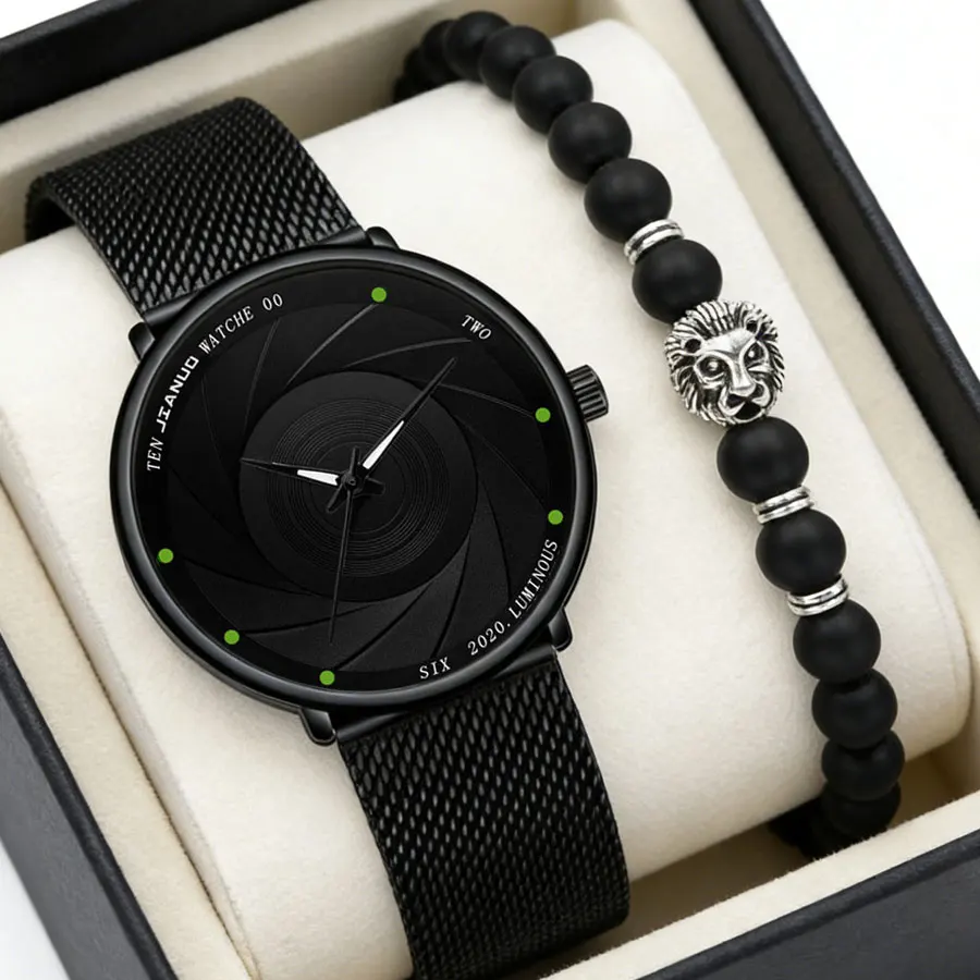 Fashion Korean Version of Men's Watch Mesh Belt Cool Simple Casual Ultra-Thin Men's Quartz Watch 2-Piece Set