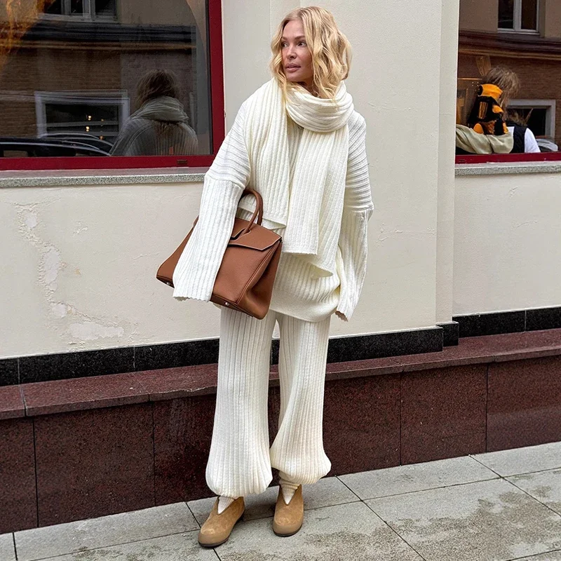 Pantaloni da donna Abito maglione con scollo a V Pullover larghi a costine Pantaloni casual solidi Abiti da pendolarismo in maglia femminile 2025 Moda