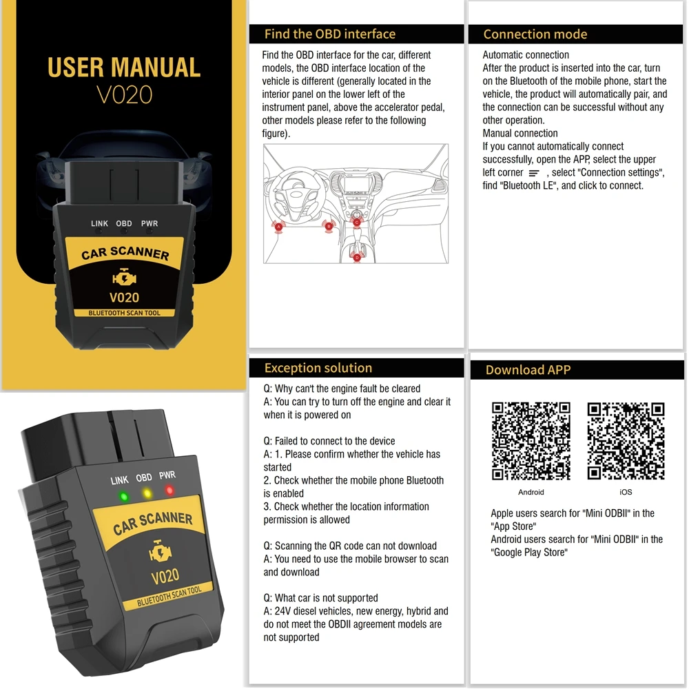 V020 elm327 v1.5 obd2 scanner support bluetooth 4 for ios/android/pc elm 327 code reader clear error engine car diagnostis tool