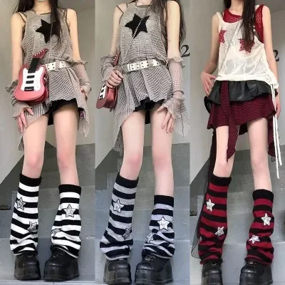 Ruibbit Hot Girl Winter Japanese Knee Sleeve Leg Cover Harajuku Handmade Black Grey Red Stripes Leg Warmers Women Punk