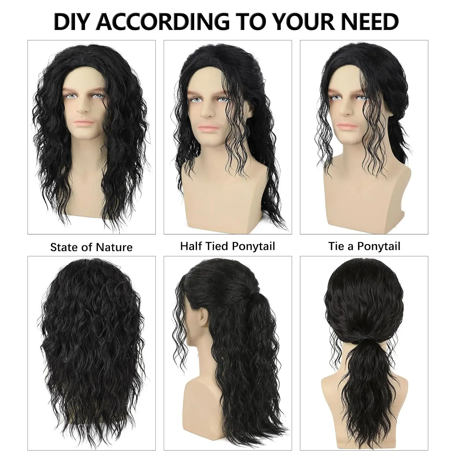 Mens Black Curly Wig for Costume 70s 80s Mullet Rocker Synthetic Long Wavy Wigs for Retro Halloween Cosplay Party Use view 2