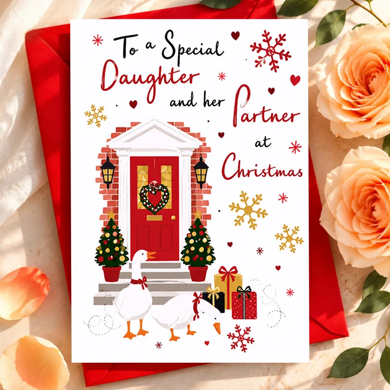 A Christmas card to your partner, featuring a festive red door goose pattern and a warm and charming style