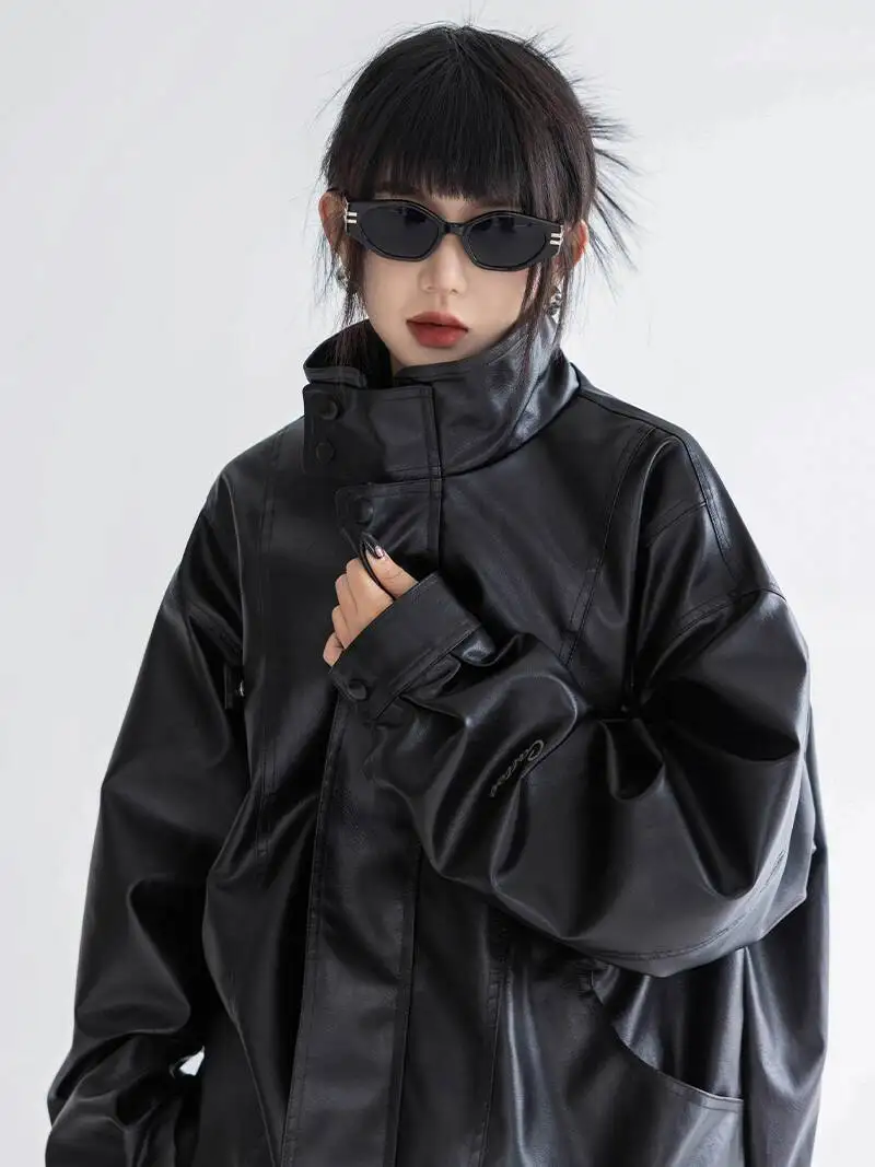 Women's Leather Jacket Autumn Spring New Black Leather Jacket Retro Stylish Biker PU Leather Lapel Coat