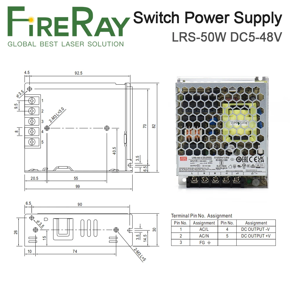 FireRay Original MeanWell Switch Power Supply LRS-50W LRS-75W 5-48V For Laser Marking Controller
