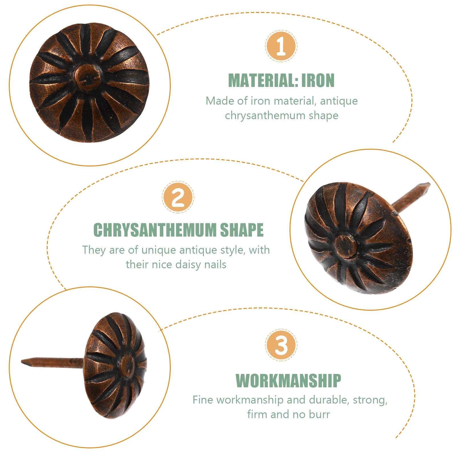 

100Pcs Hammering Safe Chrysanthemum Nails Iron Upholstery Tacks No Bare Hand Furniture Pins Decor