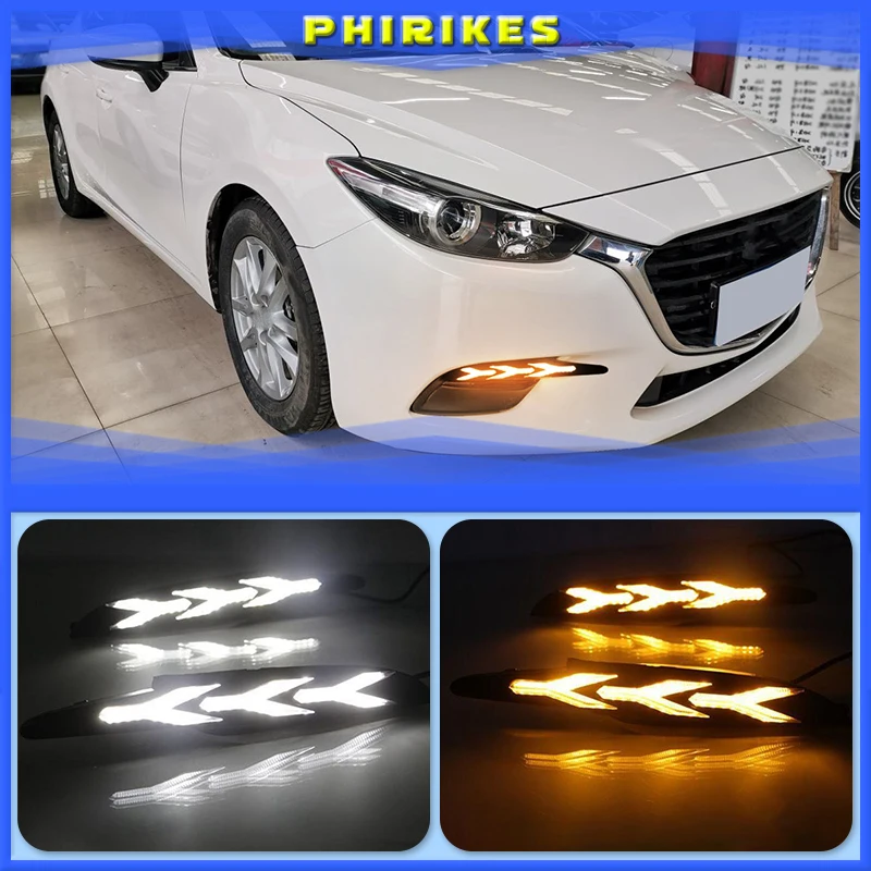 

2Pcs DRL for Mazda 3 Axela 2017 2018 LED car Driving daytime running light fog lamp with flow yellow turn Signal