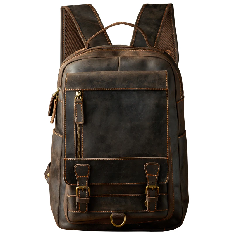 Vintage Handmade Crazy Horse Leather Backpack For Men Retro Genuine Leather Hiking Travel Rucksack Male Cowhide Business Bag