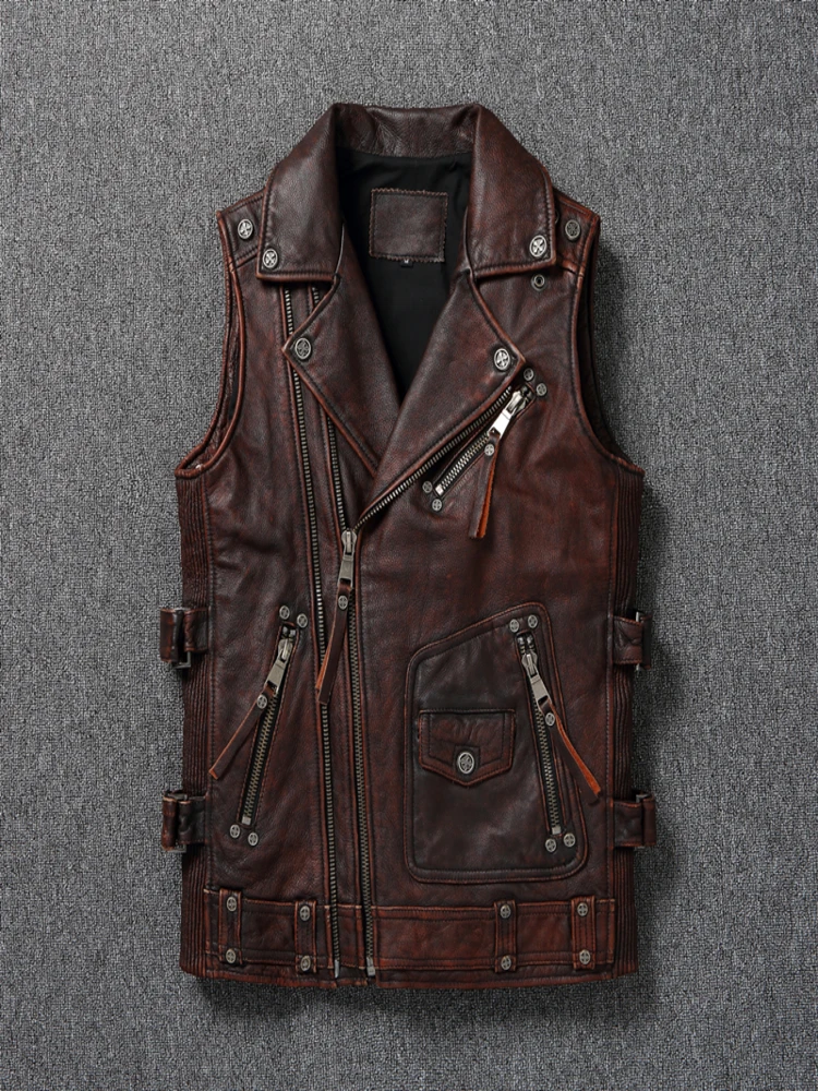 

Men's Sleeveless Vest Top Layer Cowhide Vintage Leather Jacket Red Brown Loose Classic Casual Autumn and Winter Essentials