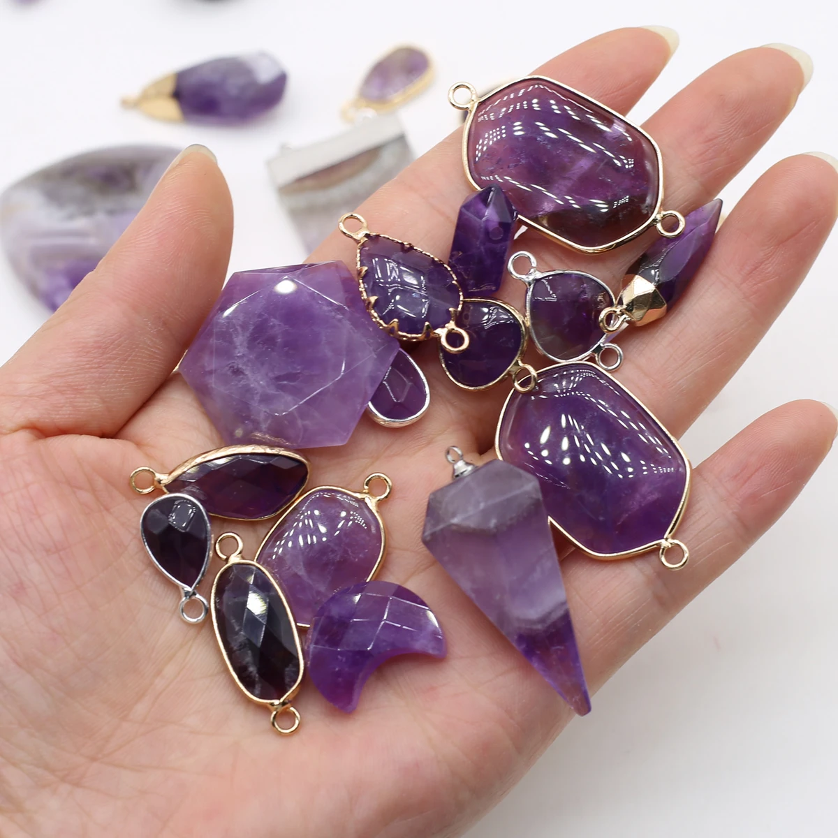 Natural Amethysts Pendant Charms Natural Purple Quartz Crystal Connector For Healing Pendulum Jewelry Earring Necklace Making