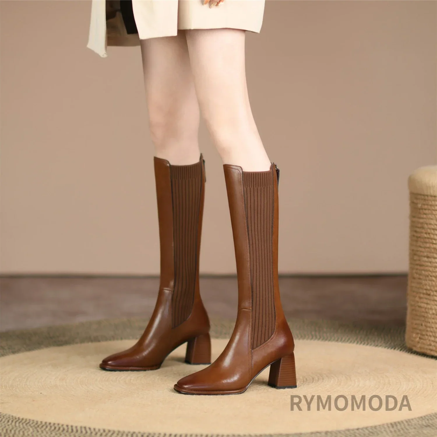 Knee High Boots Women 2024 Winter Warm Handmade High Quality Split Cow Leather ZIP Brown Black Block High Heels Long Boot Shoes