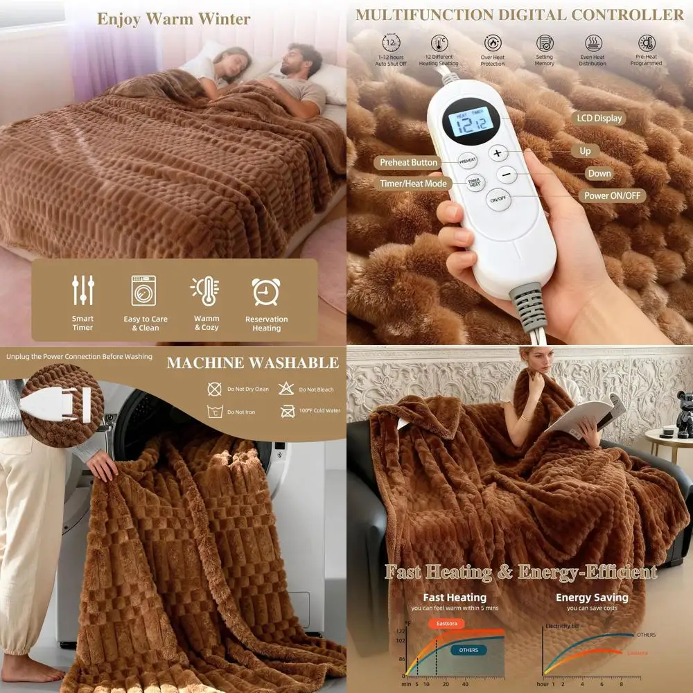 

Электрическое одеяло из фланели 72x84 см с 12 режимами нагрева, функцией автоматического отключения, можно стирать в машине (коричневое)