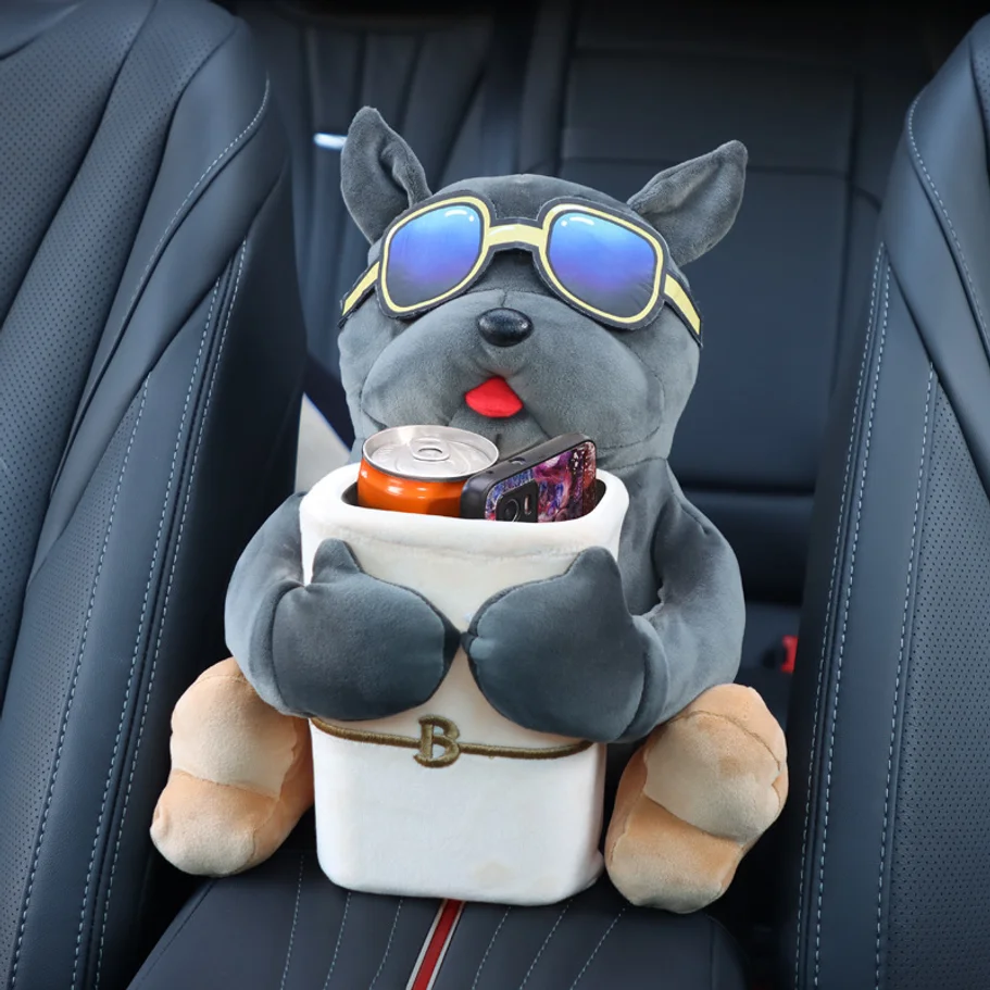 2-in-1 Cartoon Plush Car Mounted Tissue Box with Hanging Paper Drawer Storage And Trash Can Auto Armrest Box