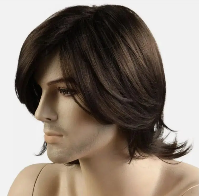 Mens Brown Wig In stock Short Hair Synthetic Old Heat Resistant Straight for Man