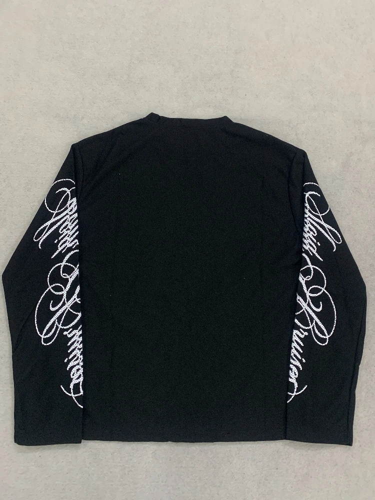 Waffle Long Sleeved Base Shirt Gothic Curly Rhinestone Letter Decoration Round Neck Slim Casual Pullover for Both Men and Women image 5
