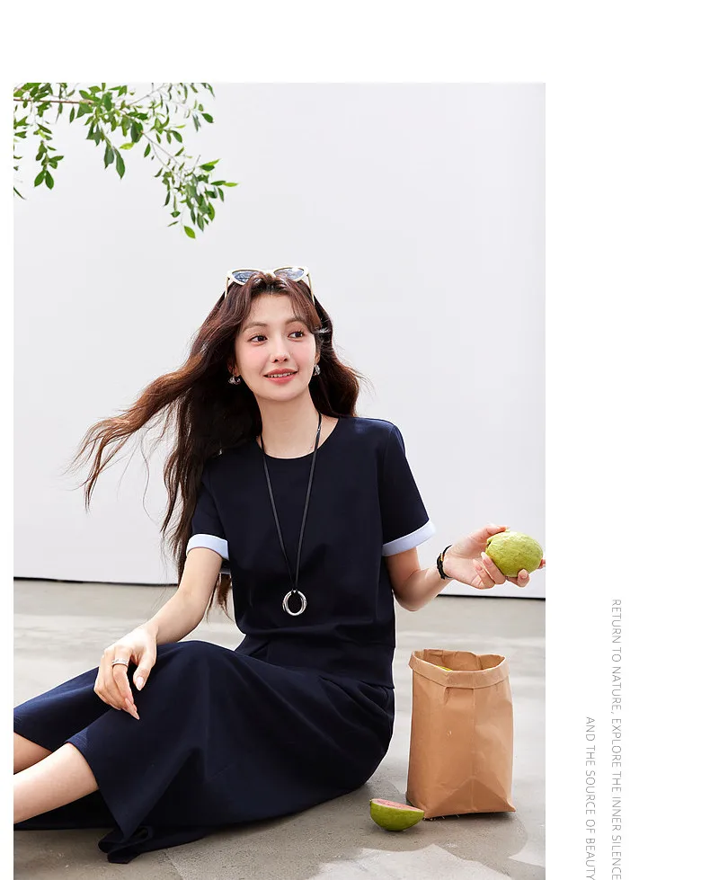 VIMLY Navy Casual Office Women's Suit 2026 Summer Contrast Folded Cuff Short Sleeve Tee Elastic Waist Straight Skirt Sets A6390