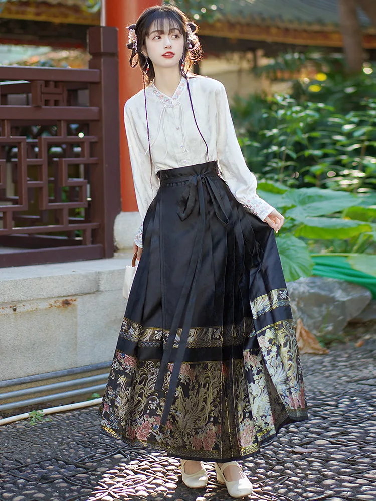 Woman Ming Dynasty Hanfu Horse Face Skirt Chinese Traditional Hanfu Costume Stand Collar Vintage Pleats Skirt Black