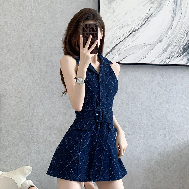 Vestido vaquero sin mangas de corte A para mujer de verano Slim Fit