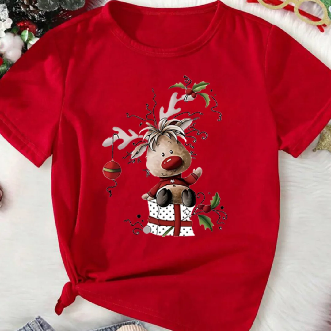 

Women's Christmas Reindeer Print T Shirt Casual O-neck Short Sleeve T-Shirt Cute T-shirt Black Suitable All Seasons T-shirt Tops