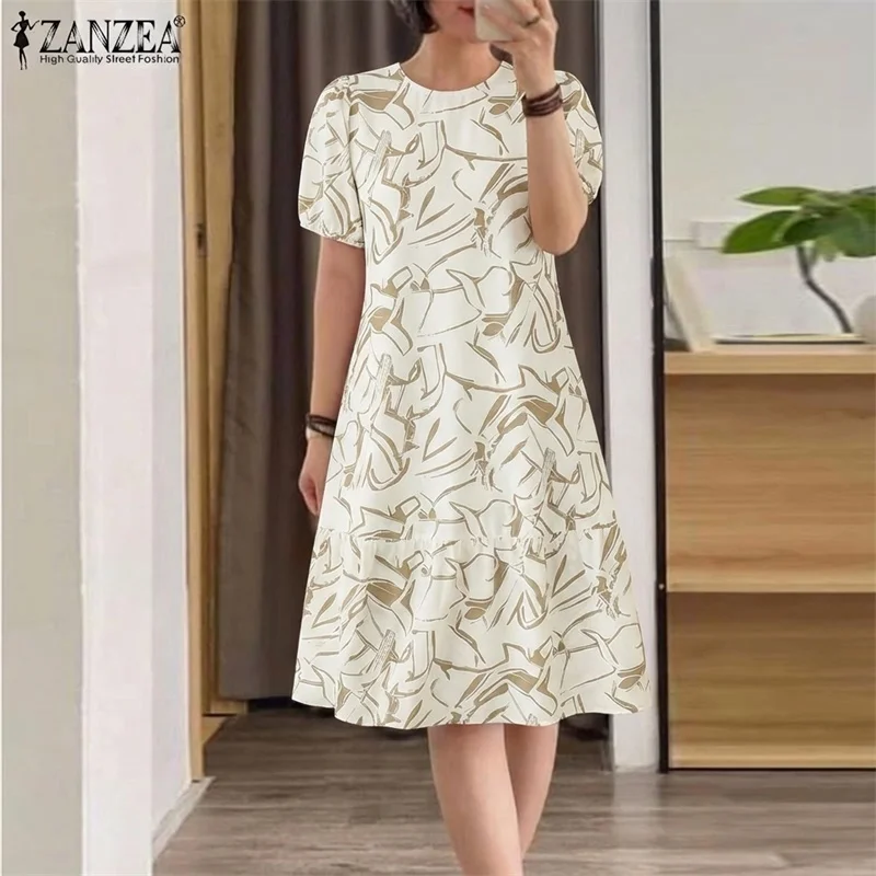 ZANZEA 2026 Sommer Elegantes Casual Urlaub Party Kleid Frauen Gedruckt Kleider Stilvolle A-linie Knielangen Robe Puff Sleeve Sommerkleid