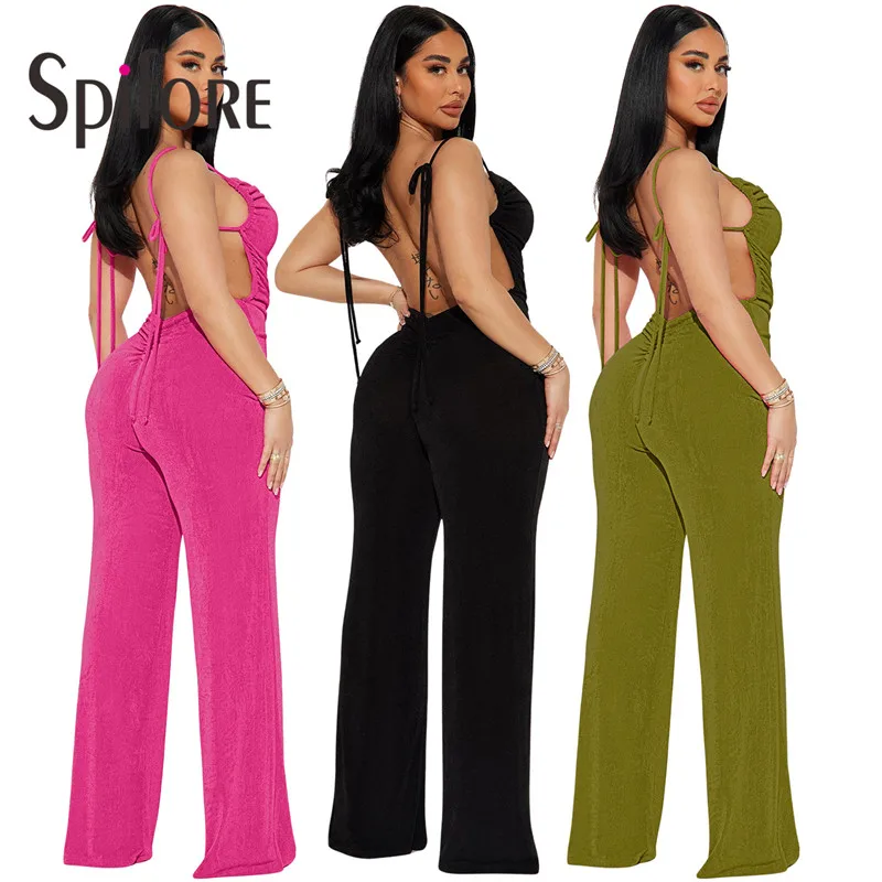 Spifore Sexy Sleeveless Backless Women Jumpsuits Spaghetti Strap Folds Casual Rompers Fashion Streetwear Solid Overalls Dropship