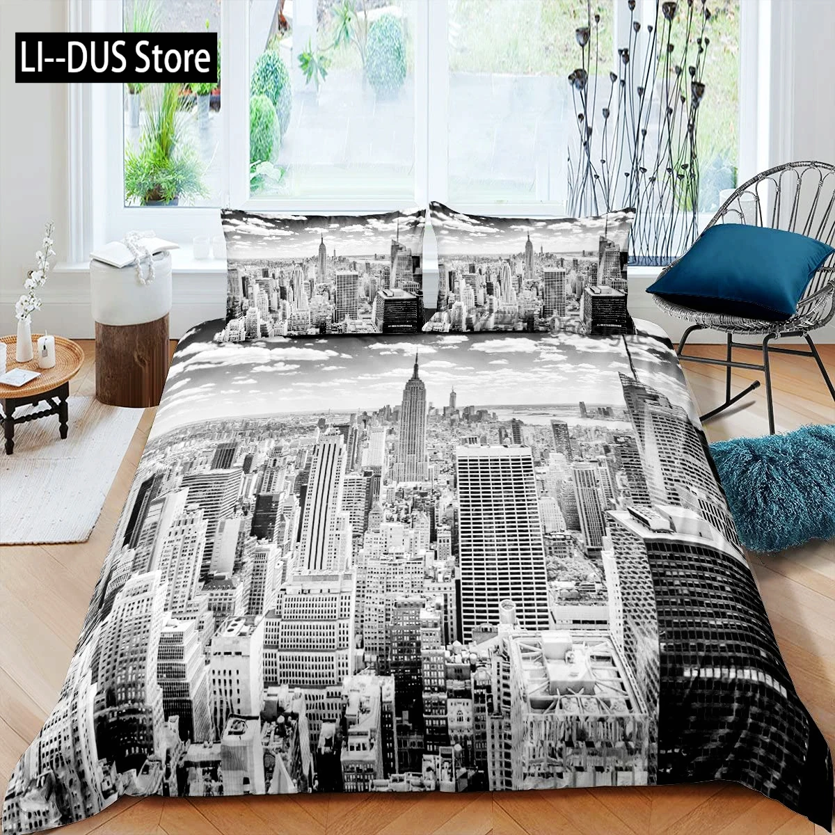 City Building Bedding Set New York Theme Comforter Cover Duvet Cover for Kids Teens Adults Men with 2 Pillow Bedroom Decoration