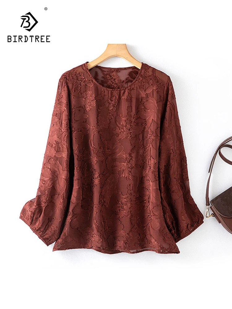 BirdTree, 100%Real Silk Elegant T-Shirts, Women O Neck Lantern Sleeve Jacquard, Literature Retro Tops, 2024 Summer New T45587QC