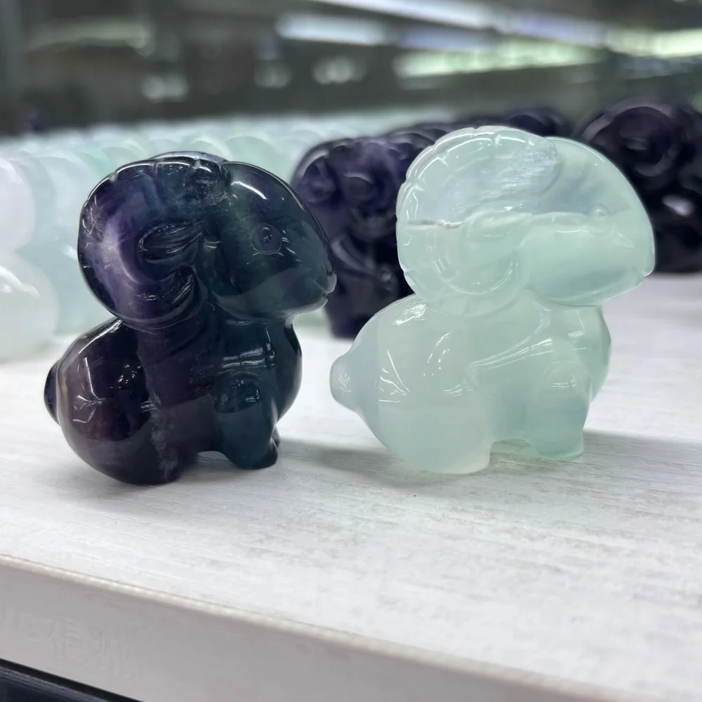 1PC Natural Fluorite Ram Sheep Figurine Hand Carved Crystal Animal Statue Reiki Healing Stone Desktop Home Decor Collectible Gif