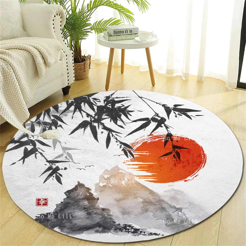 Bamboo Trees Red Sun And Mountains Traditional Japanese Ink Sumi-E Freedom Nature Round Carpet